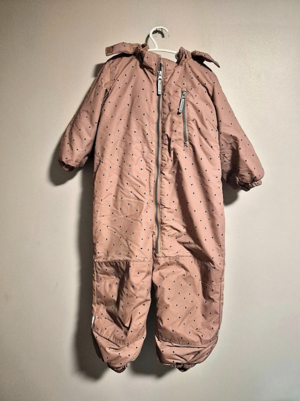 H&M 3t Pink & Tan Polka Dot One Piece Zip Up Hooded Winter Snowsuit